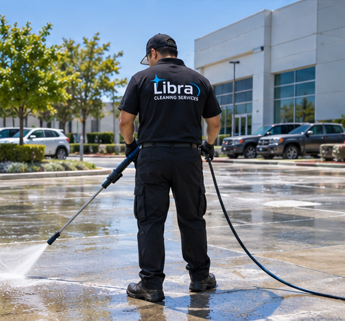 Worker pressure washing an outdoor paved area